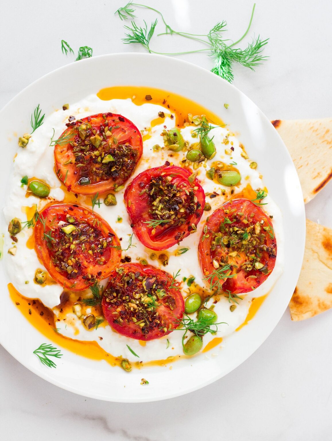 Chili-Roasted Tomatoes with Yogurt and Pistachios - G'day Soufflé